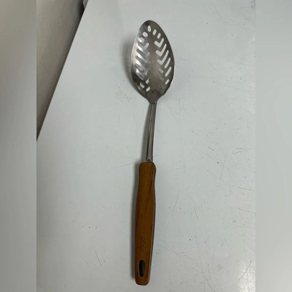 Vintage EKCO USA Slotted Spoon Stainless Steel 2-Tone Wood Black Handle MCM